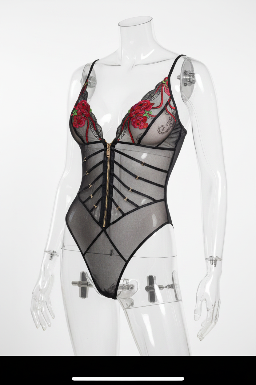 Black Mesh Rose Bodysuit