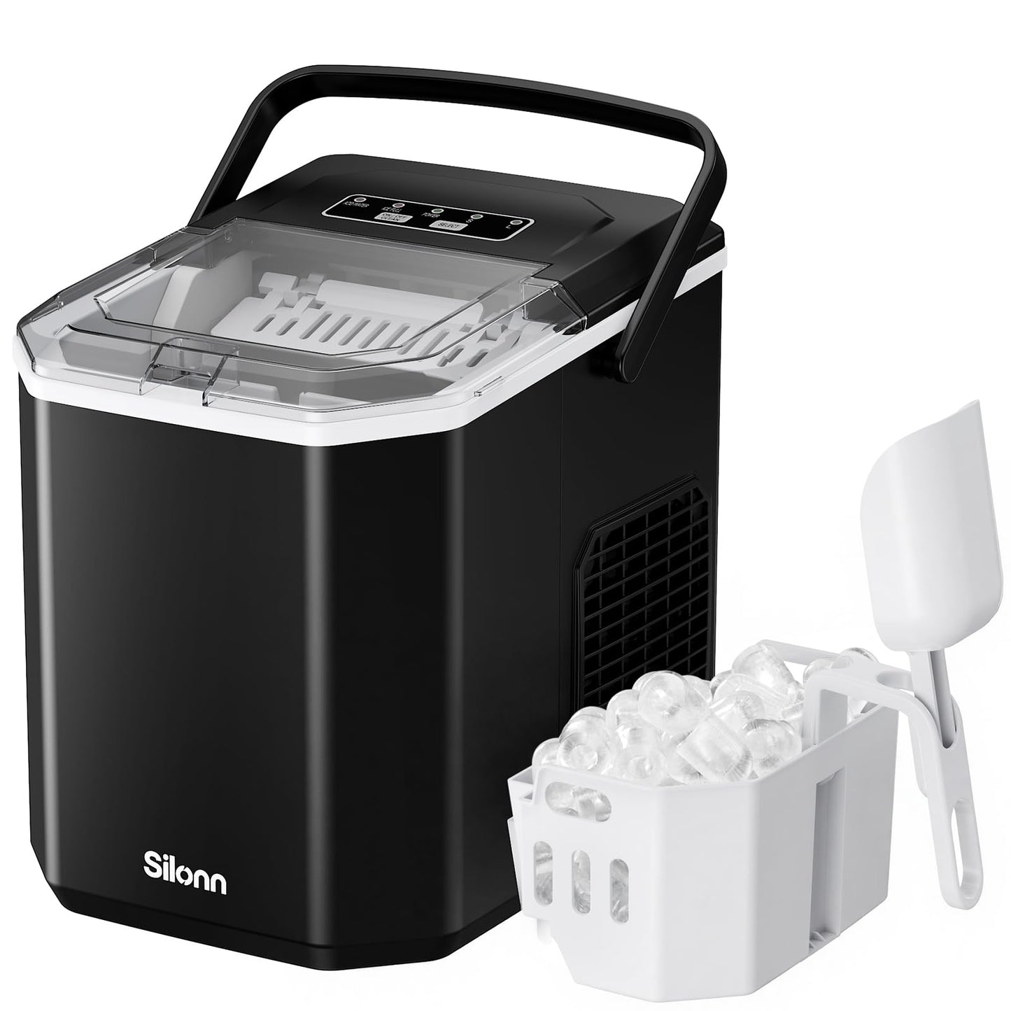 Silonn Ice Maker Countertop, Portable Ice Machine with Carry Handle, Self-Cleaning Ice Makers with Basket and Scoop, 9 Cubes in 6 Mins, 26 lbs per Day, Ideal for Home, Kitchen, Camping, RV