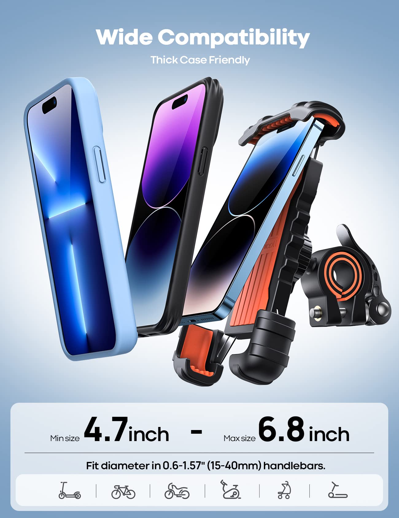 Lamicall Bike Phone Holder, Motorcycle Mount - Motorcycle Phone Holder, Handlebar Cell Phone Clamp, E-Bike Scooter Phone Clip for iPhone 17 Air Pro Max, 16 15 Plus, S20, 4.7 to 6.8" Smartphones
