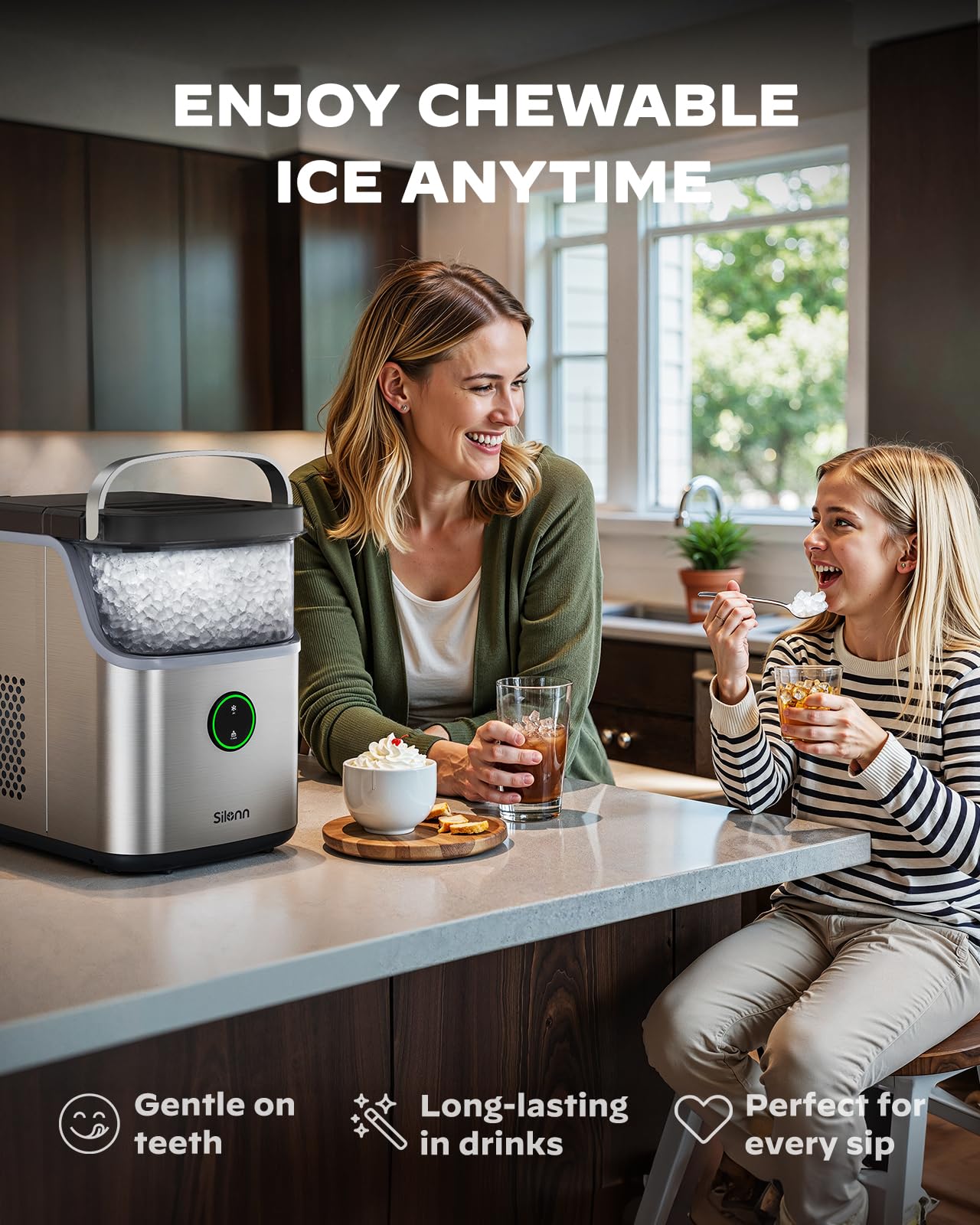 Silonn Ice Maker Countertop, Portable Ice Machine with Carry Handle, Self-Cleaning Ice Makers with Basket and Scoop, 9 Cubes in 6 Mins, 26 lbs per Day, Ideal for Home, Kitchen, Camping, RV