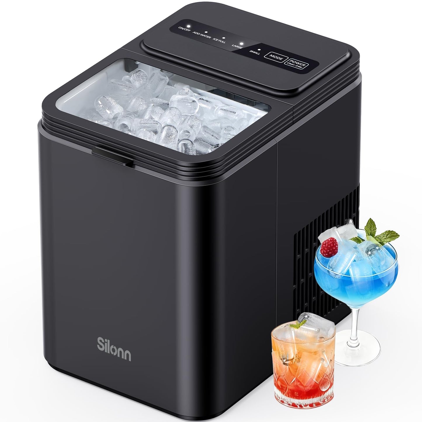 Silonn Ice Maker Countertop, Portable Ice Machine with Carry Handle, Self-Cleaning Ice Makers with Basket and Scoop, 9 Cubes in 6 Mins, 26 lbs per Day, Ideal for Home, Kitchen, Camping, RV