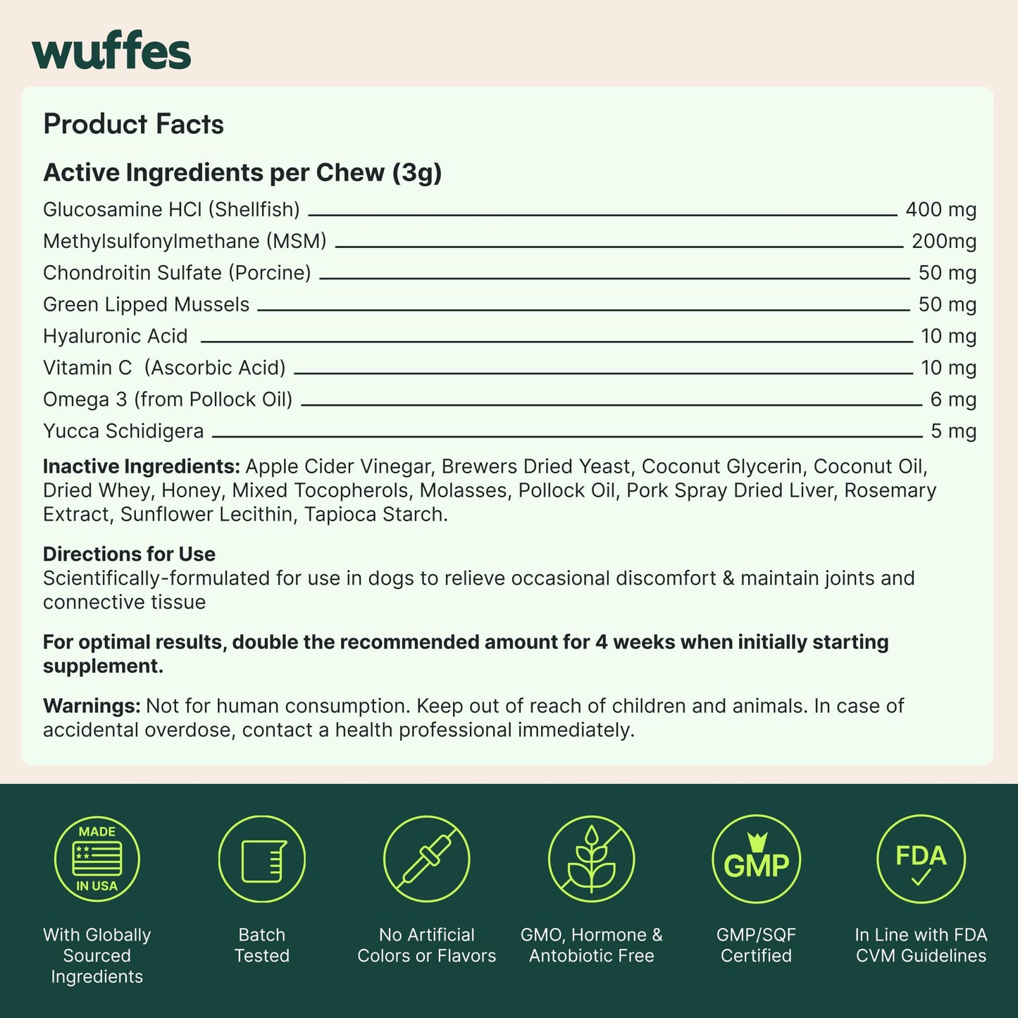 Wuffes Advanced Dog Hip and Joint Supplement with Glucosamine, Chondroitin, Omega 3, MSM, and Green Lipped Mussel, 60 Pork Flavored Chews for Small and Medium Dog Breeds