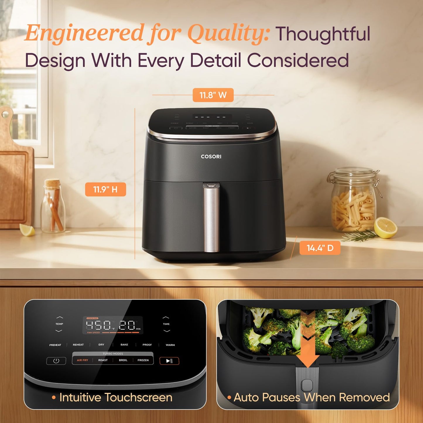 Cosori 9-in-1 TurboBlaze Air Fryer 6 Qt, Smart Control, 90°–450°F, Shake Reminders, Precise Heating for Even Results, Air Fry, Roast, Bake, Broil, Dry, Frozen, Proof, Reheat, Keep Warm, 120V, Cream
