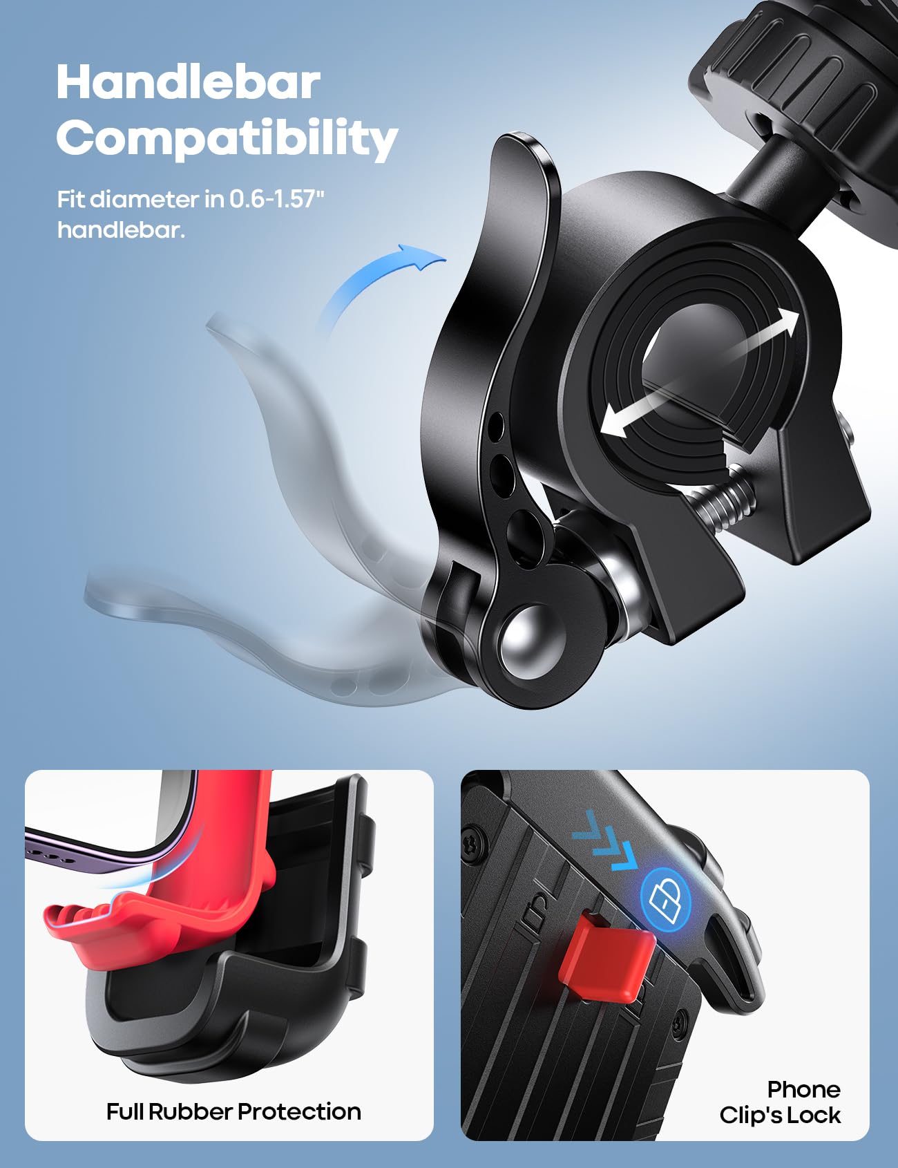 Lamicall Bike Phone Holder, Motorcycle Mount - Motorcycle Phone Holder, Handlebar Cell Phone Clamp, E-Bike Scooter Phone Clip for iPhone 17 Air Pro Max, 16 15 Plus, S20, 4.7 to 6.8" Smartphones