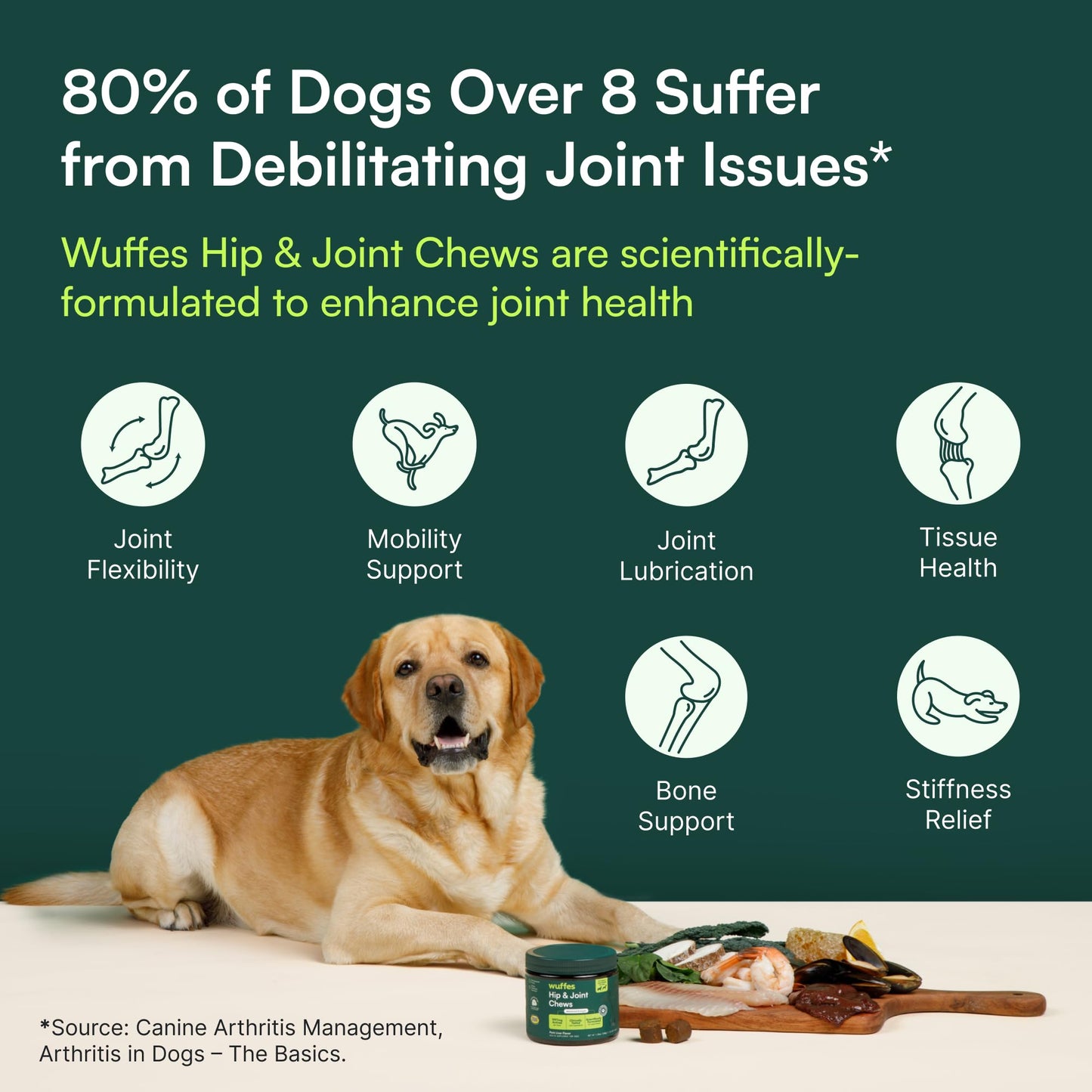 Wuffes Advanced Dog Hip and Joint Supplement with Glucosamine, Chondroitin, Omega 3, MSM, and Green Lipped Mussel, 60 Pork Flavored Chews for Small and Medium Dog Breeds