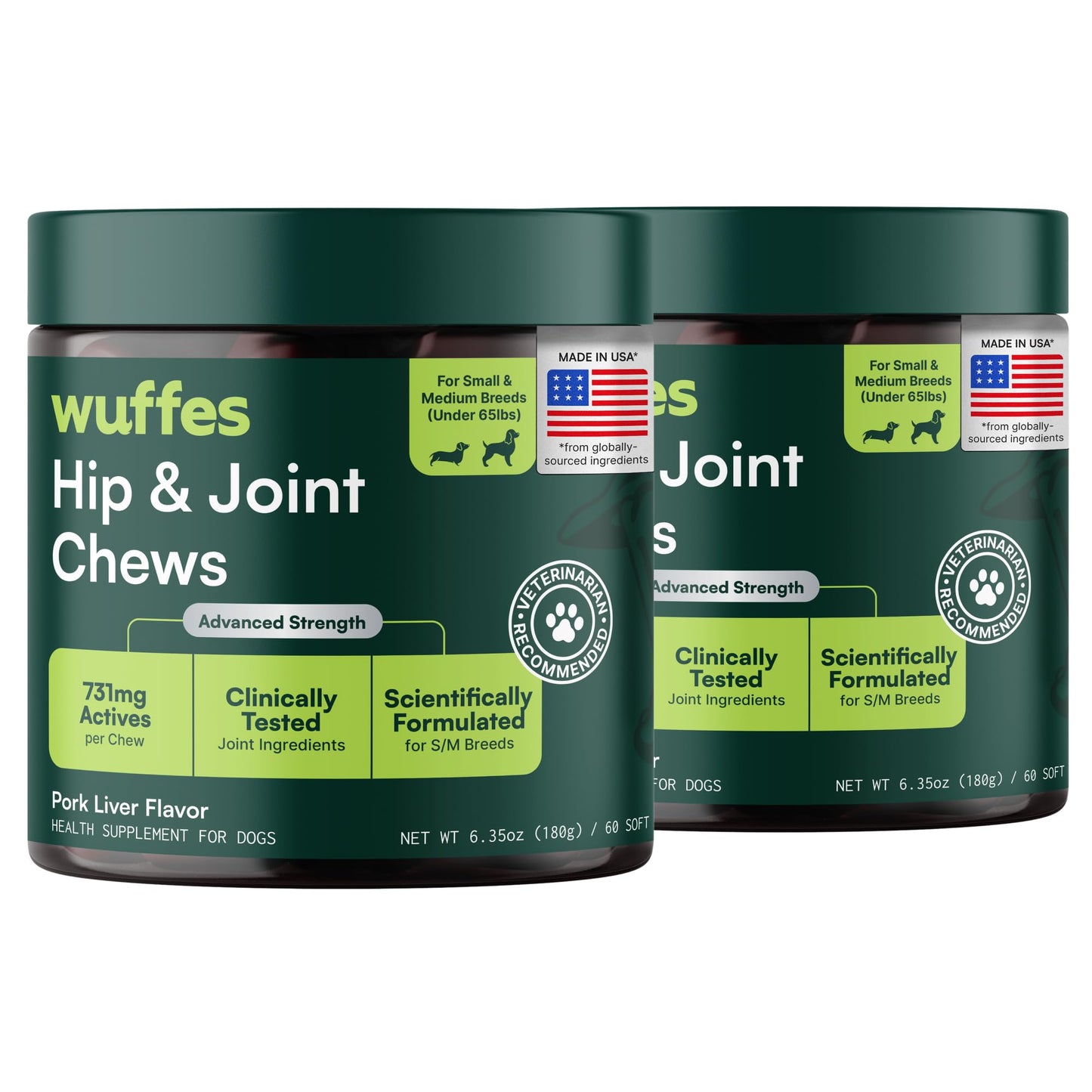 Wuffes Advanced Dog Hip and Joint Supplement with Glucosamine, Chondroitin, Omega 3, MSM, and Green Lipped Mussel, 60 Pork Flavored Chews for Small and Medium Dog Breeds