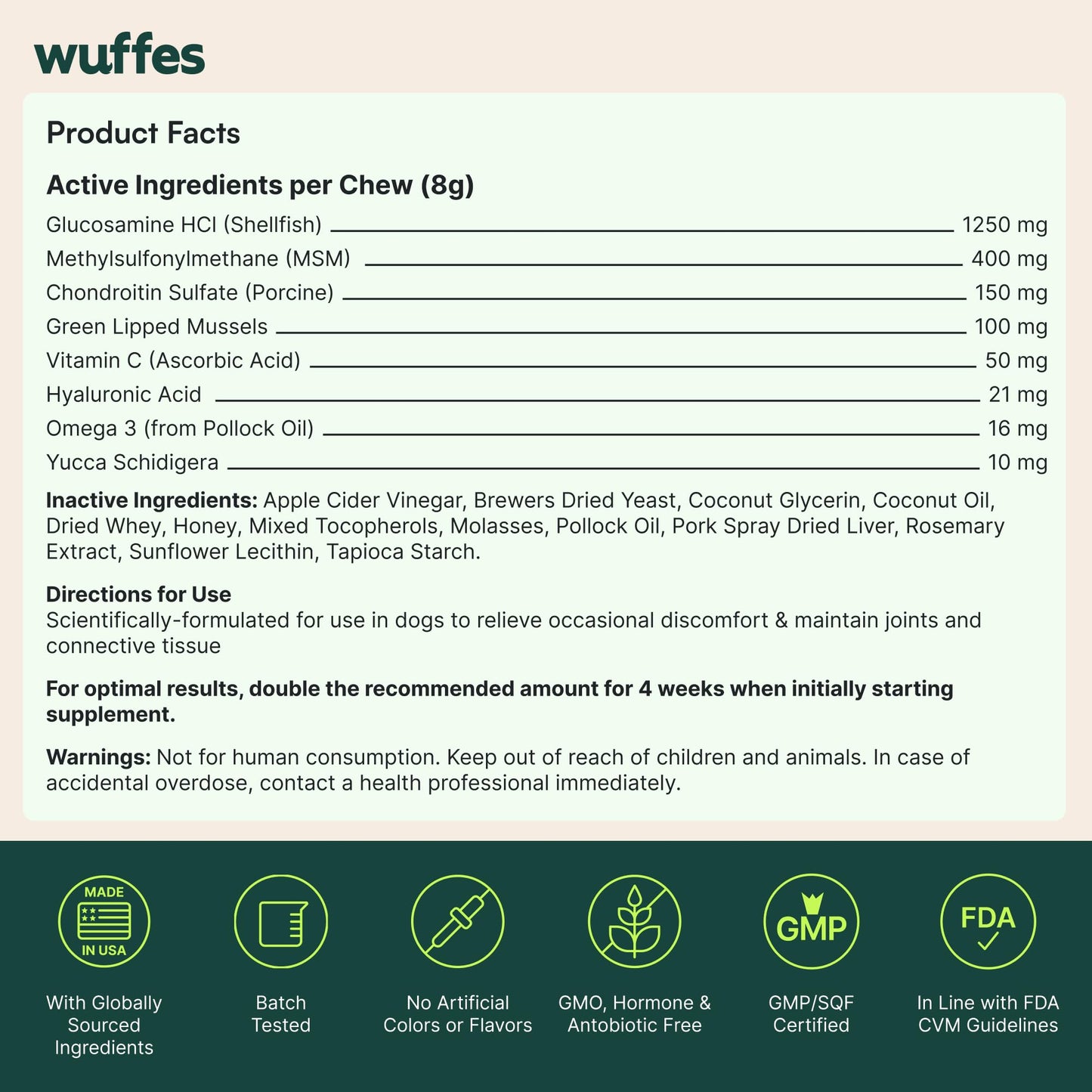 Wuffes Advanced Dog Hip and Joint Supplement with Glucosamine, Chondroitin, Omega 3, MSM, and Green Lipped Mussel, 60 Pork Flavored Chews for Small and Medium Dog Breeds