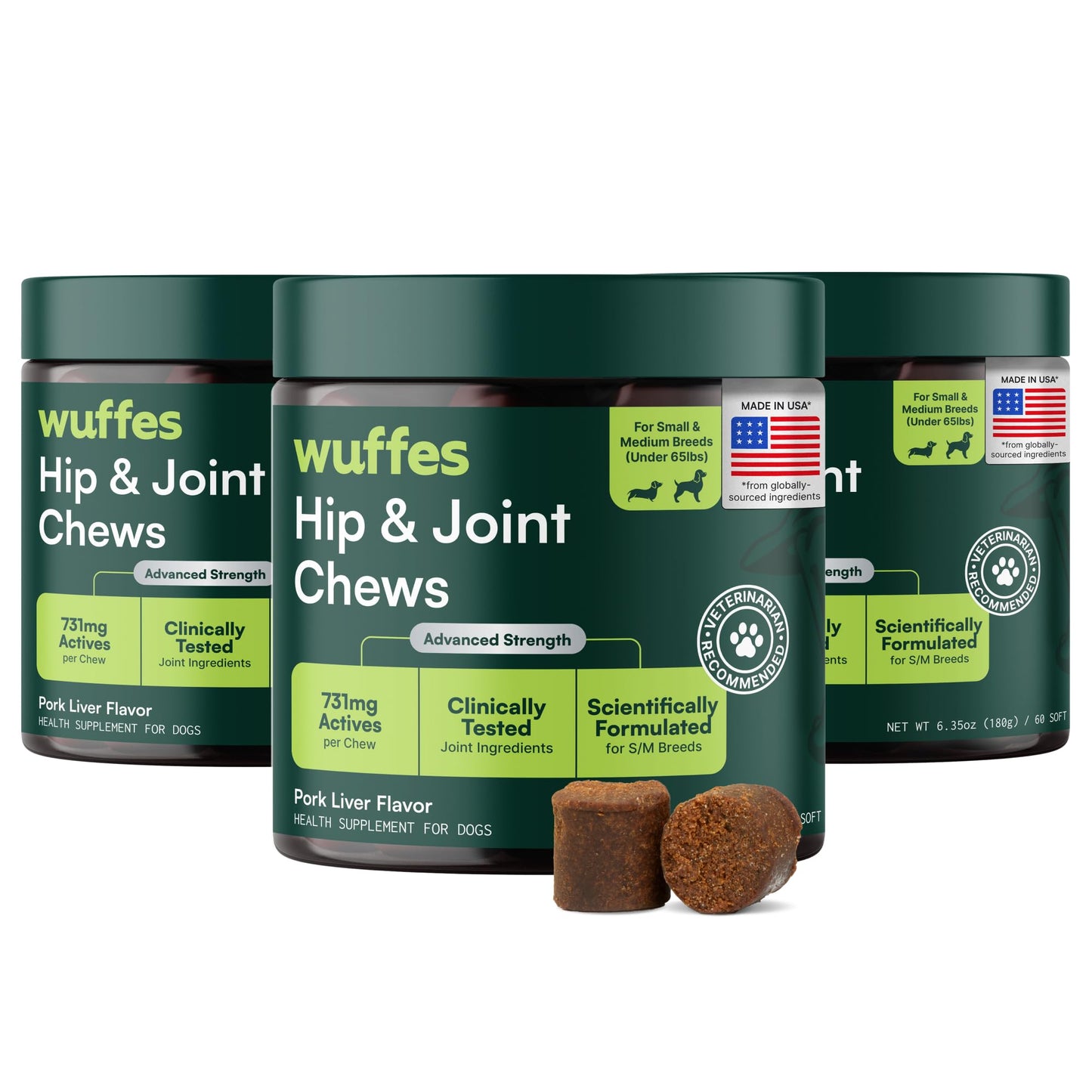 Wuffes Advanced Dog Hip and Joint Supplement with Glucosamine, Chondroitin, Omega 3, MSM, and Green Lipped Mussel, 60 Pork Flavored Chews for Small and Medium Dog Breeds