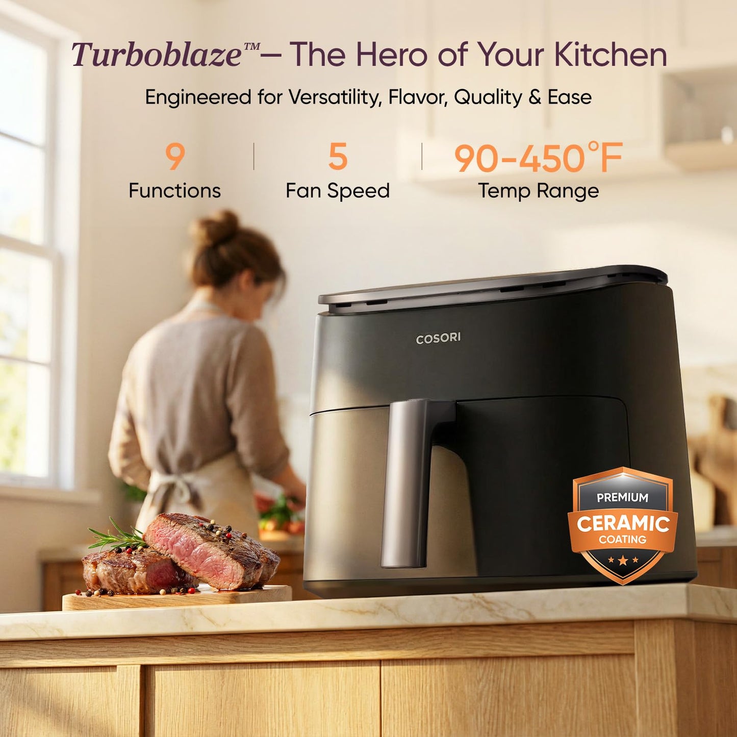 Cosori 9-in-1 TurboBlaze Air Fryer 6 Qt, Smart Control, 90°–450°F, Shake Reminders, Precise Heating for Even Results, Air Fry, Roast, Bake, Broil, Dry, Frozen, Proof, Reheat, Keep Warm, 120V, Cream