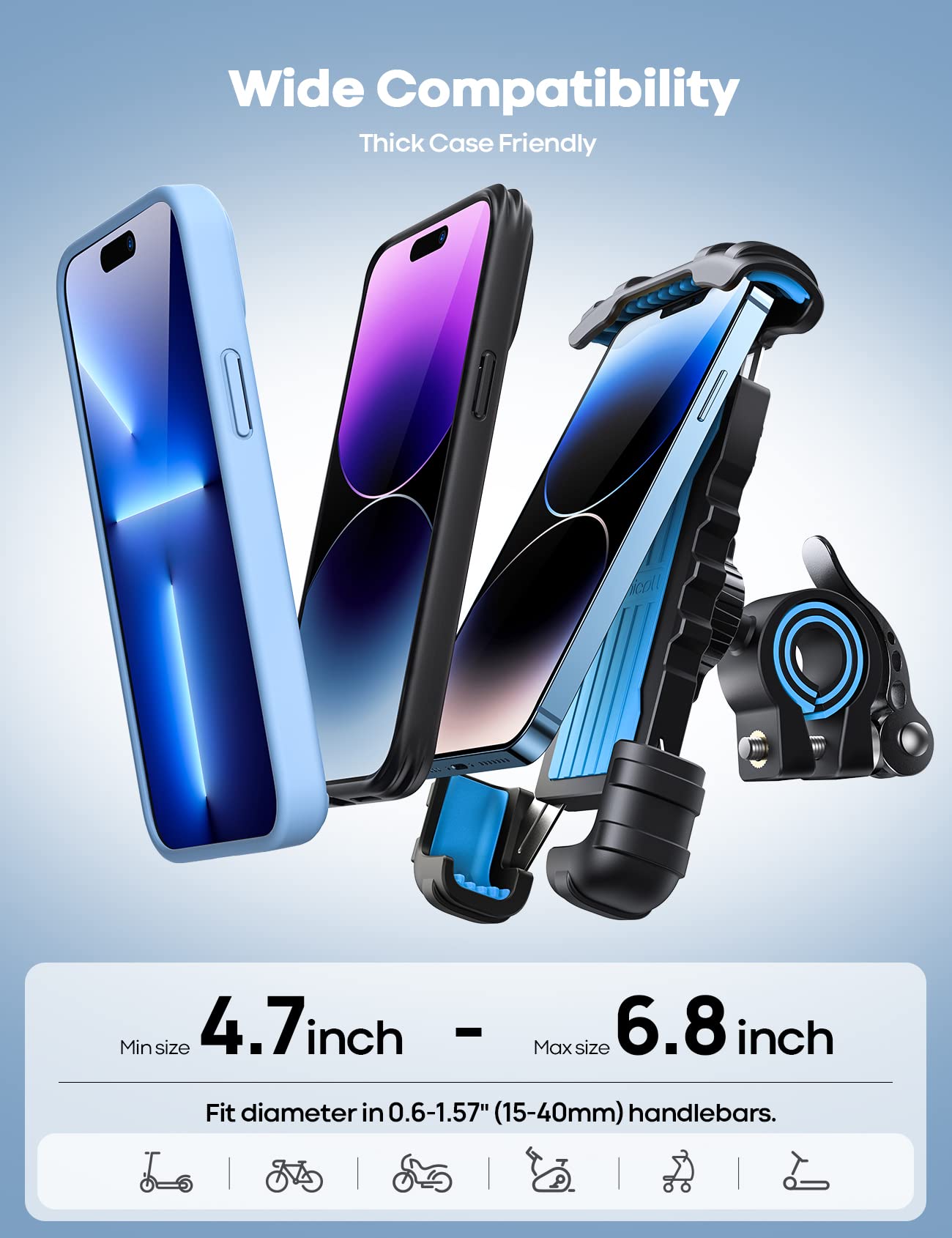 Lamicall Bike Phone Holder, Motorcycle Mount - Motorcycle Phone Holder, Handlebar Cell Phone Clamp, E-Bike Scooter Phone Clip for iPhone 17 Air Pro Max, 16 15 Plus, S20, 4.7 to 6.8" Smartphones
