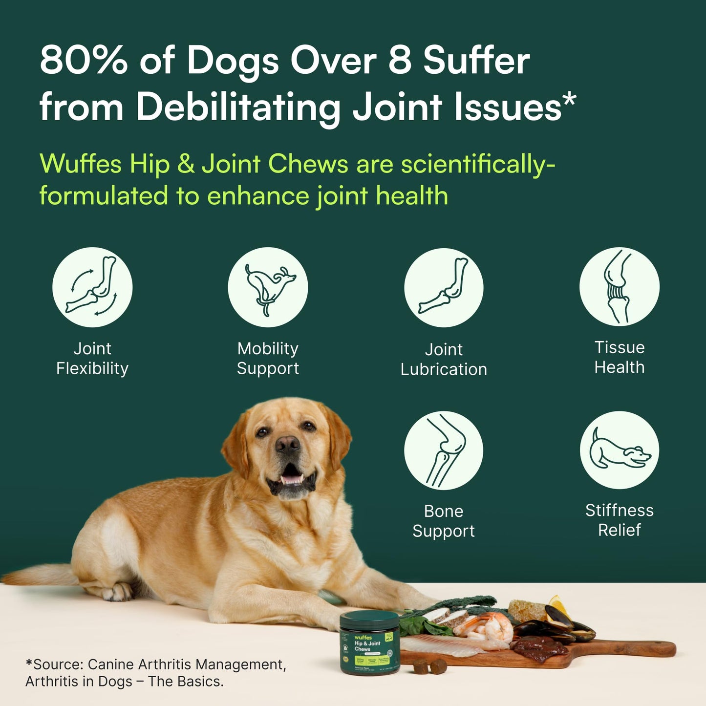 Wuffes Advanced Dog Hip and Joint Supplement with Glucosamine, Chondroitin, Omega 3, MSM, and Green Lipped Mussel, 60 Pork Flavored Chews for Small and Medium Dog Breeds