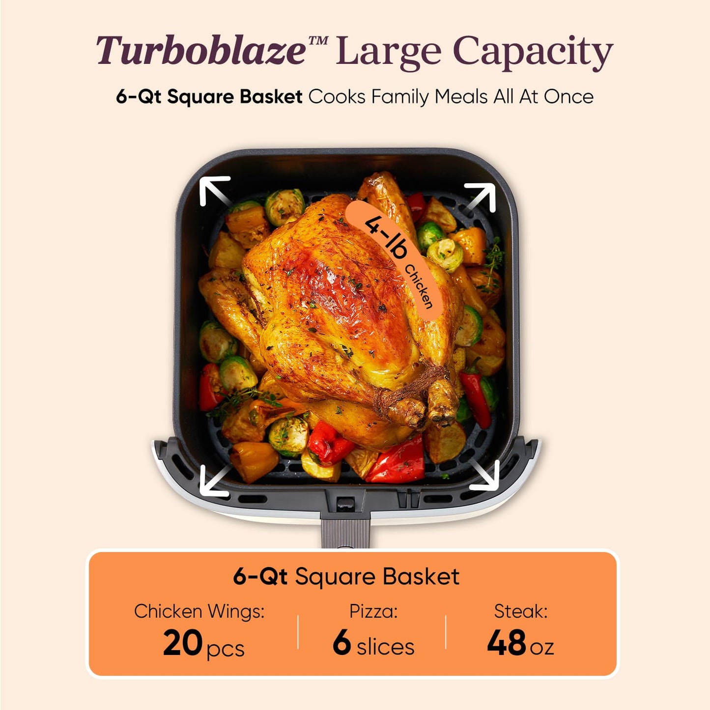 Cosori 9-in-1 TurboBlaze Air Fryer 6 Qt, Smart Control, 90°–450°F, Shake Reminders, Precise Heating for Even Results, Air Fry, Roast, Bake, Broil, Dry, Frozen, Proof, Reheat, Keep Warm, 120V, Cream