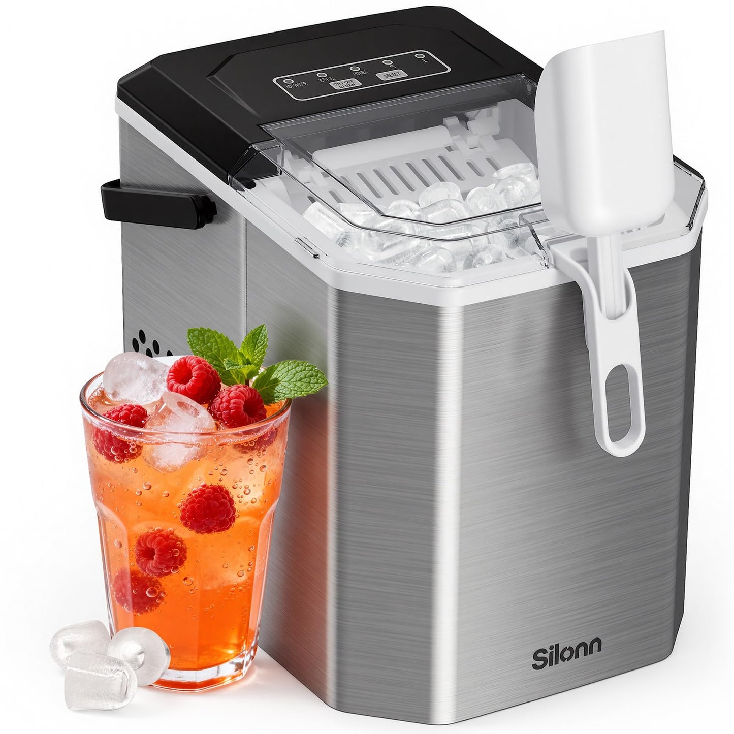 Silonn Ice Maker Countertop, Portable Ice Machine with Carry Handle, Self-Cleaning Ice Makers with Basket and Scoop, 9 Cubes in 6 Mins, 26 lbs per Day, Ideal for Home, Kitchen, Camping, RV