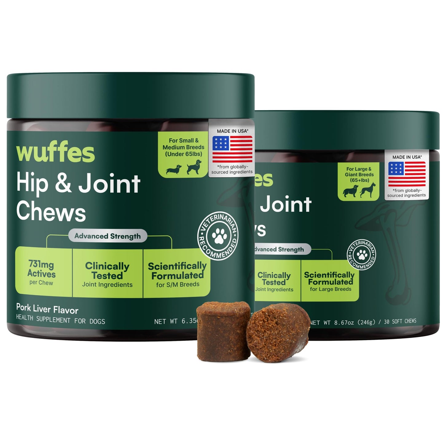 Wuffes Advanced Dog Hip and Joint Supplement with Glucosamine, Chondroitin, Omega 3, MSM, and Green Lipped Mussel, 60 Pork Flavored Chews for Small and Medium Dog Breeds