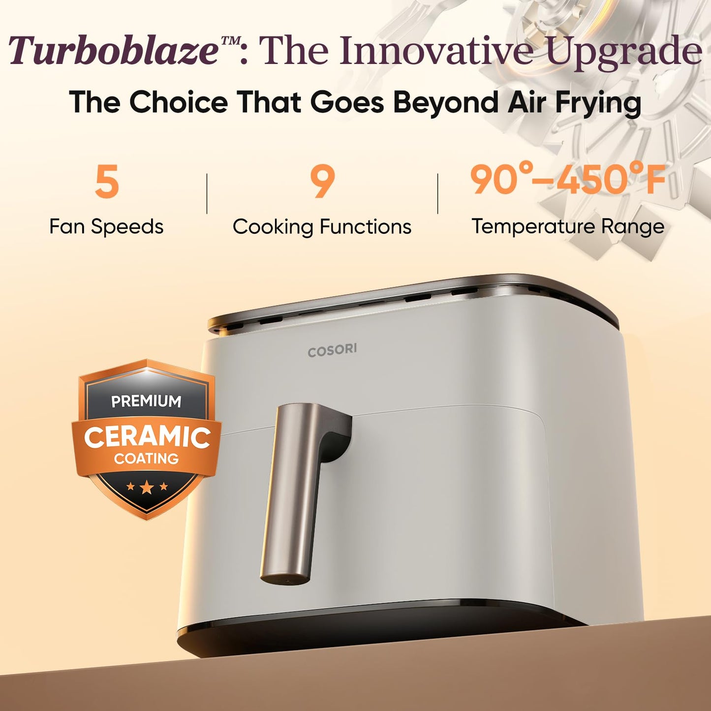 Cosori 9-in-1 TurboBlaze Air Fryer 6 Qt, Smart Control, 90°–450°F, Shake Reminders, Precise Heating for Even Results, Air Fry, Roast, Bake, Broil, Dry, Frozen, Proof, Reheat, Keep Warm, 120V, Cream