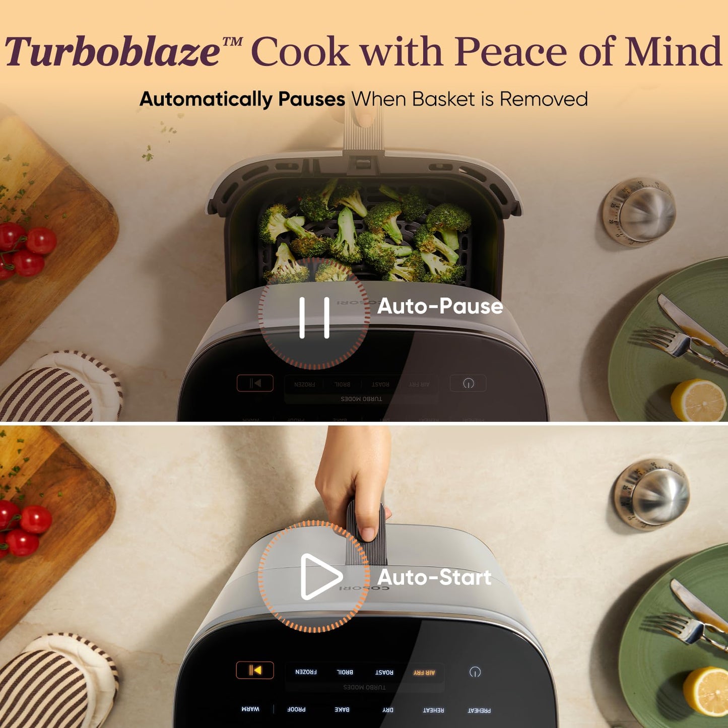 Cosori 9-in-1 TurboBlaze Air Fryer 6 Qt, Smart Control, 90°–450°F, Shake Reminders, Precise Heating for Even Results, Air Fry, Roast, Bake, Broil, Dry, Frozen, Proof, Reheat, Keep Warm, 120V, Cream