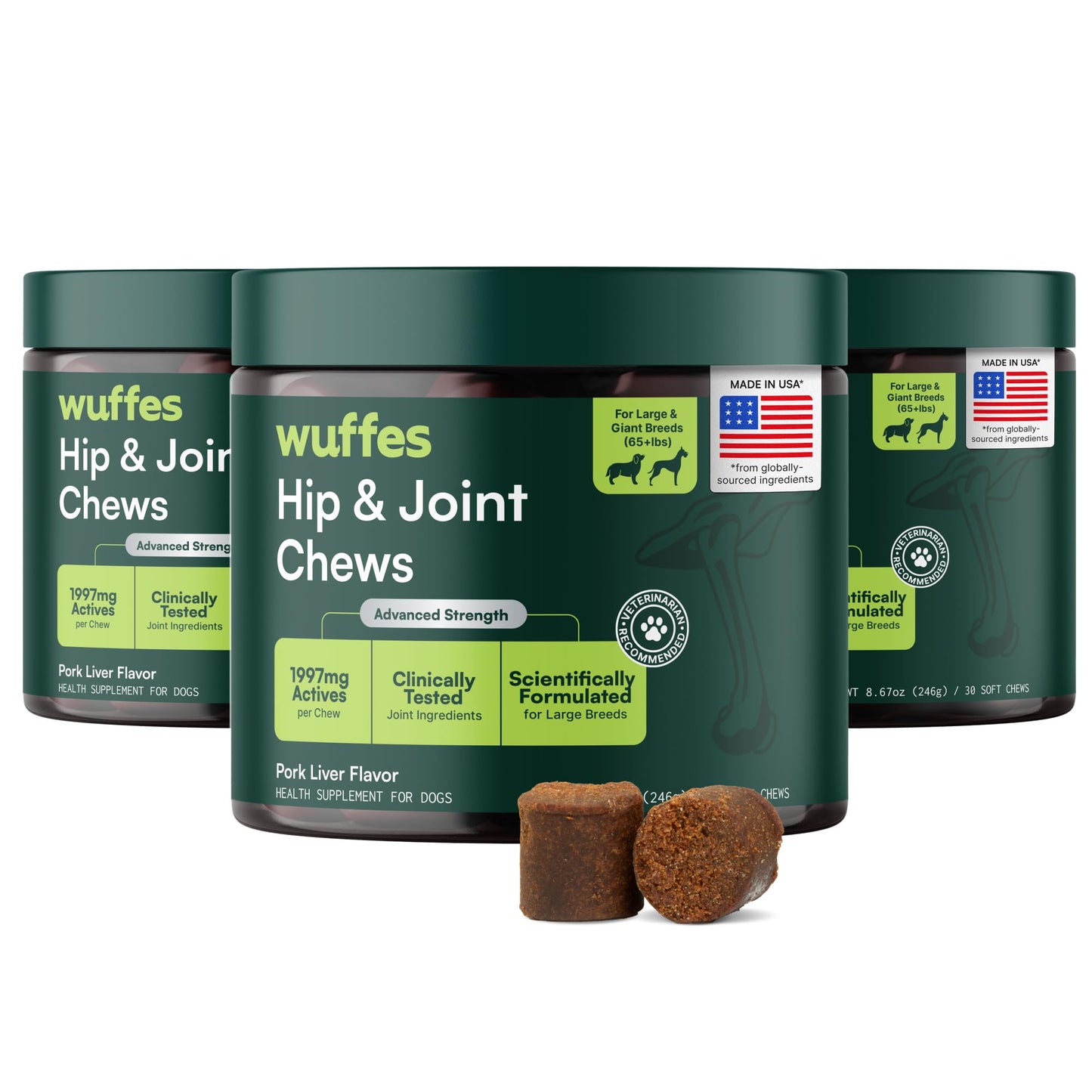 Wuffes Advanced Dog Hip and Joint Supplement with Glucosamine, Chondroitin, Omega 3, MSM, and Green Lipped Mussel, 60 Pork Flavored Chews for Small and Medium Dog Breeds