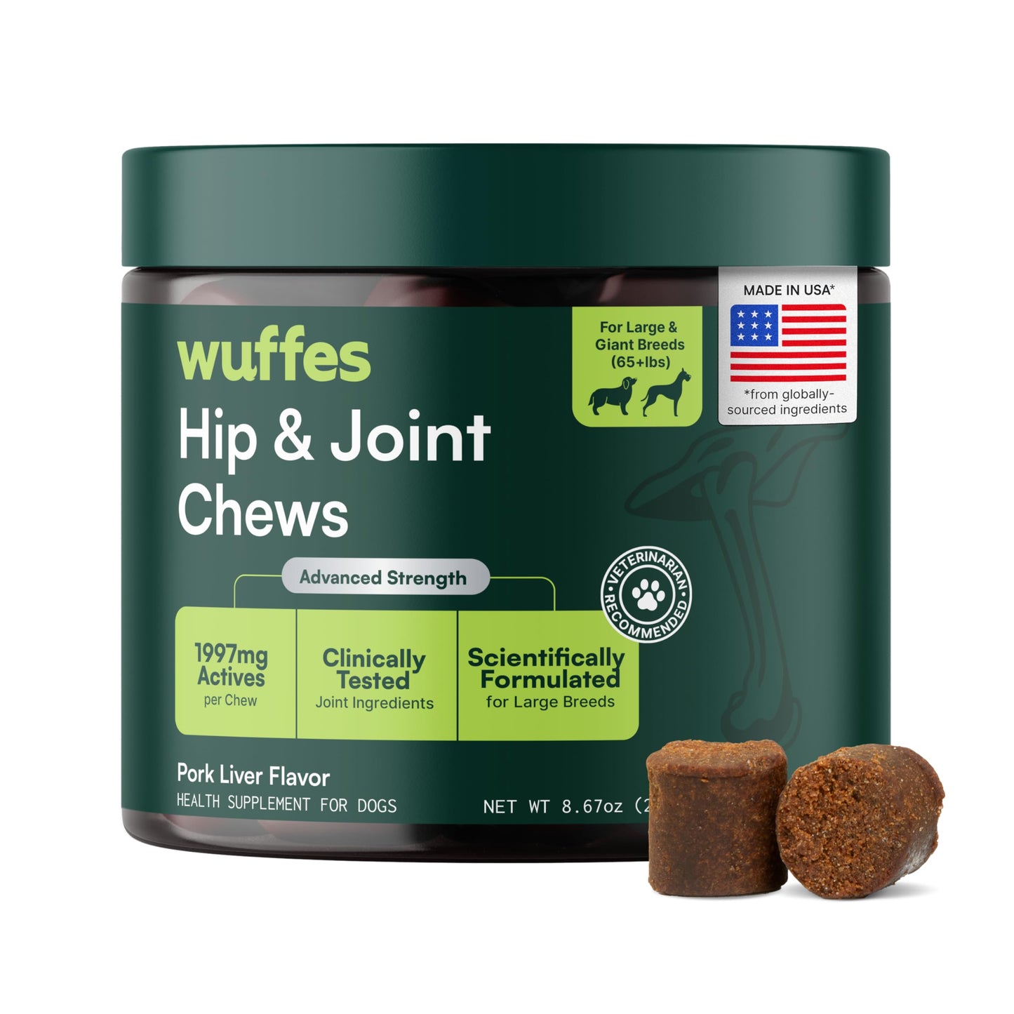 Wuffes Advanced Dog Hip and Joint Supplement with Glucosamine, Chondroitin, Omega 3, MSM, and Green Lipped Mussel, 60 Pork Flavored Chews for Small and Medium Dog Breeds