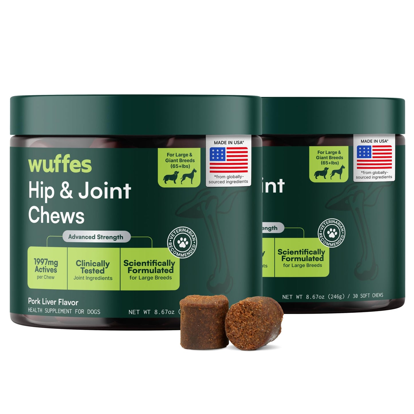 Wuffes Advanced Dog Hip and Joint Supplement with Glucosamine, Chondroitin, Omega 3, MSM, and Green Lipped Mussel, 60 Pork Flavored Chews for Small and Medium Dog Breeds