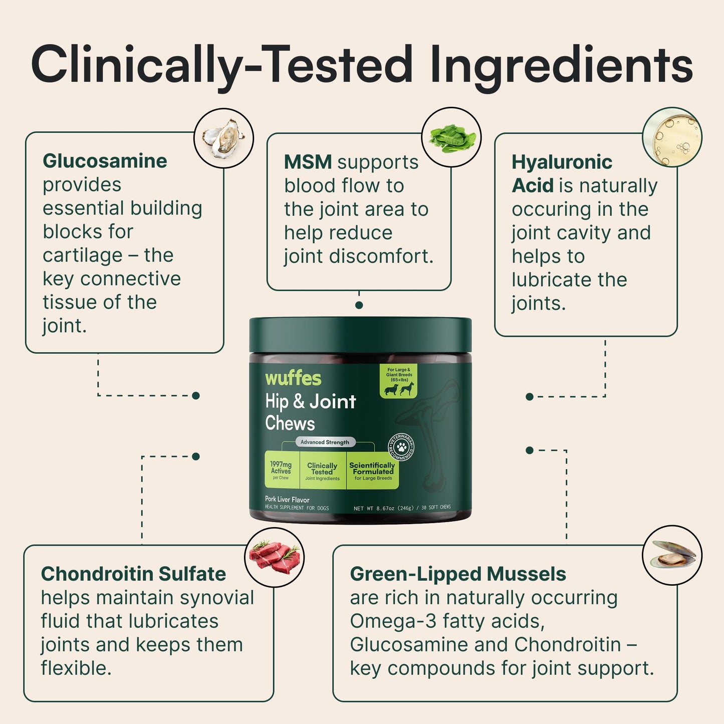 Wuffes Advanced Dog Hip and Joint Supplement with Glucosamine, Chondroitin, Omega 3, MSM, and Green Lipped Mussel, 60 Pork Flavored Chews for Small and Medium Dog Breeds