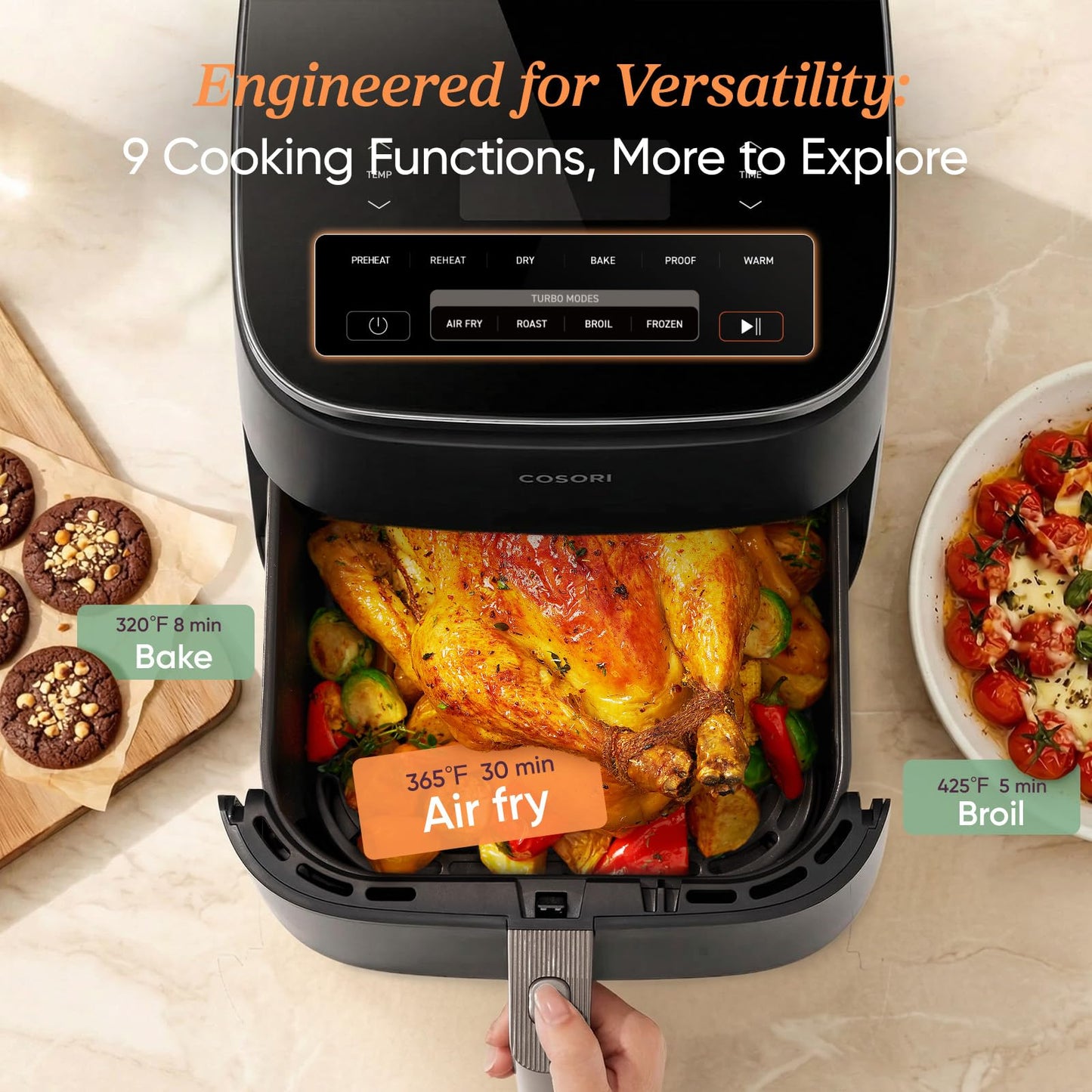 Cosori 9-in-1 TurboBlaze Air Fryer 6 Qt, Smart Control, 90°–450°F, Shake Reminders, Precise Heating for Even Results, Air Fry, Roast, Bake, Broil, Dry, Frozen, Proof, Reheat, Keep Warm, 120V, Cream