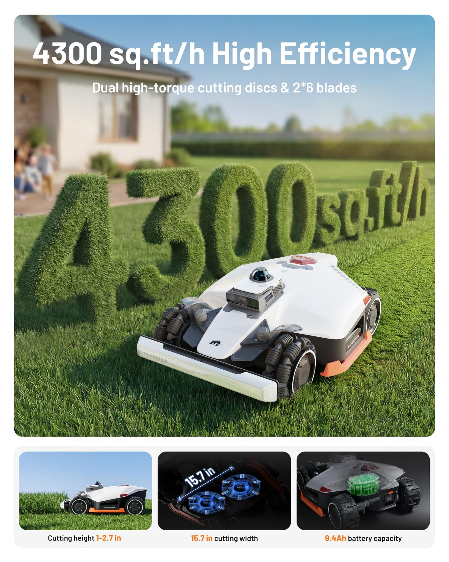 Mammotion LUBA 3 AWD 3000H Robot Lawn Mower with Garage, 0.75 Acre, 360° LiDAR+NetRTK+AI Vision, All-Wheel-Drive for 80% Slopes, 30 Multi-Zone Management, Cutting Height 2.2"-4.0"