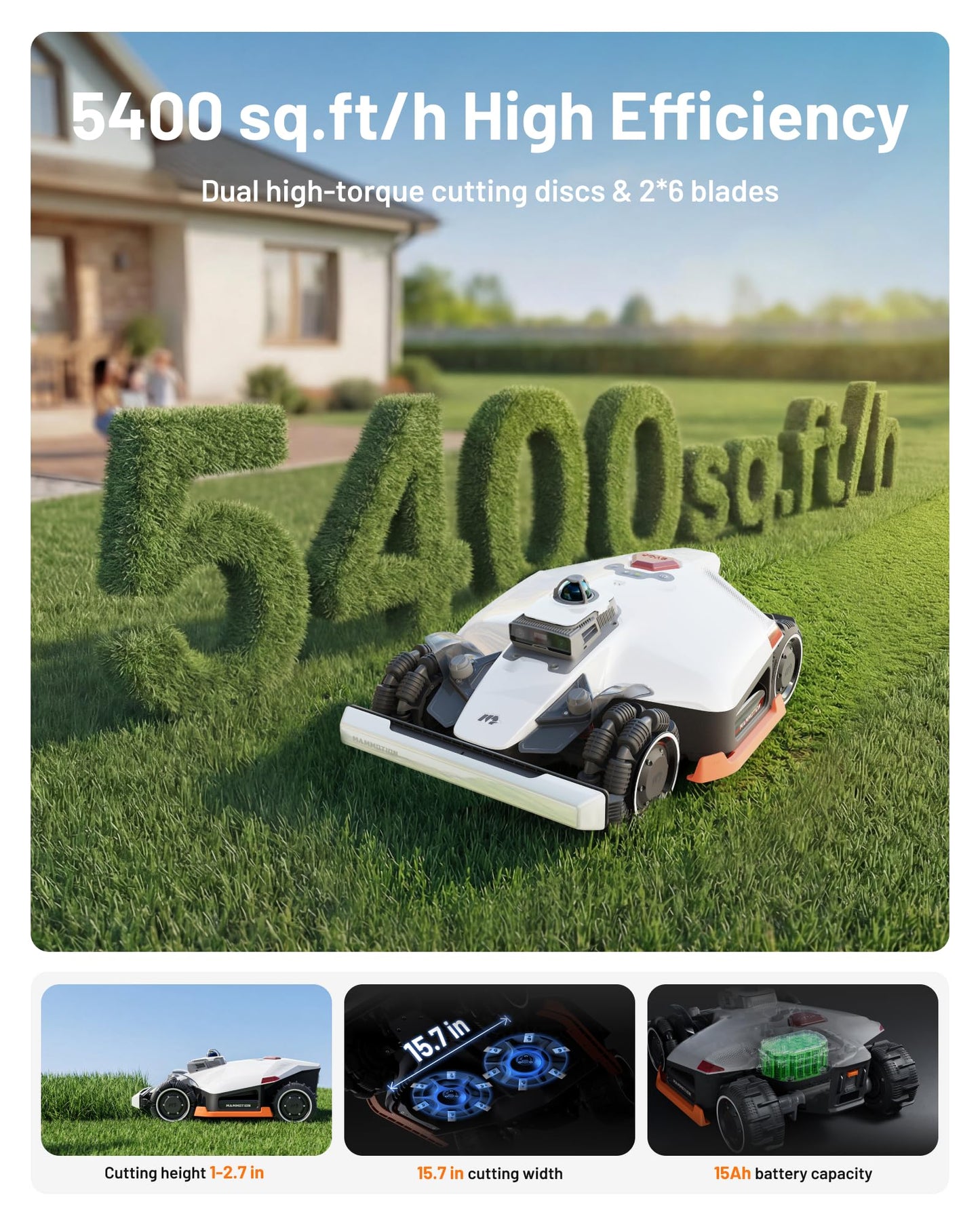 Mammotion LUBA 3 AWD 3000H Robot Lawn Mower with Garage, 0.75 Acre, 360° LiDAR+NetRTK+AI Vision, All-Wheel-Drive for 80% Slopes, 30 Multi-Zone Management, Cutting Height 2.2"-4.0"