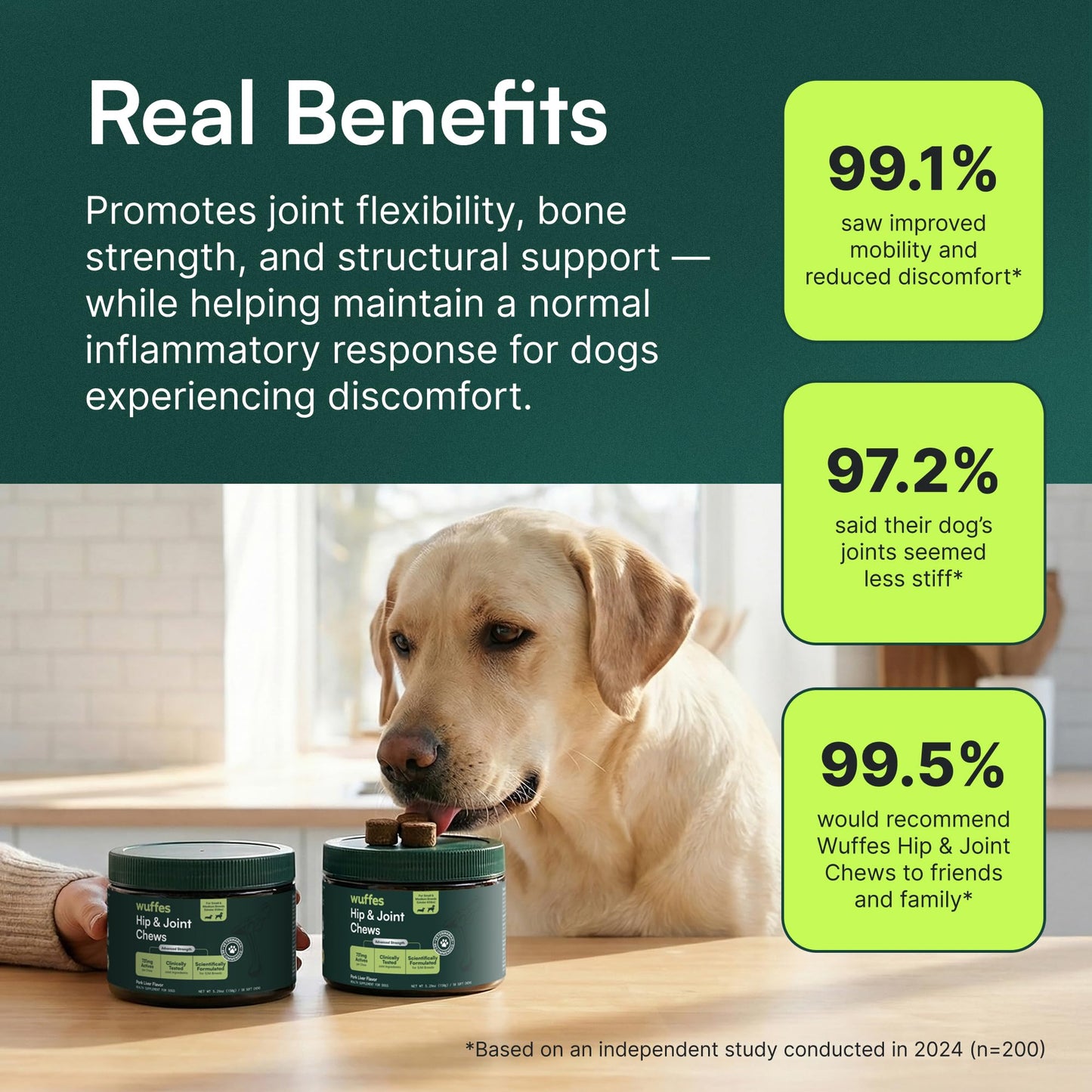 Wuffes Advanced Dog Hip and Joint Supplement with Glucosamine, Chondroitin, Omega 3, MSM, and Green Lipped Mussel, 60 Pork Flavored Chews for Small and Medium Dog Breeds