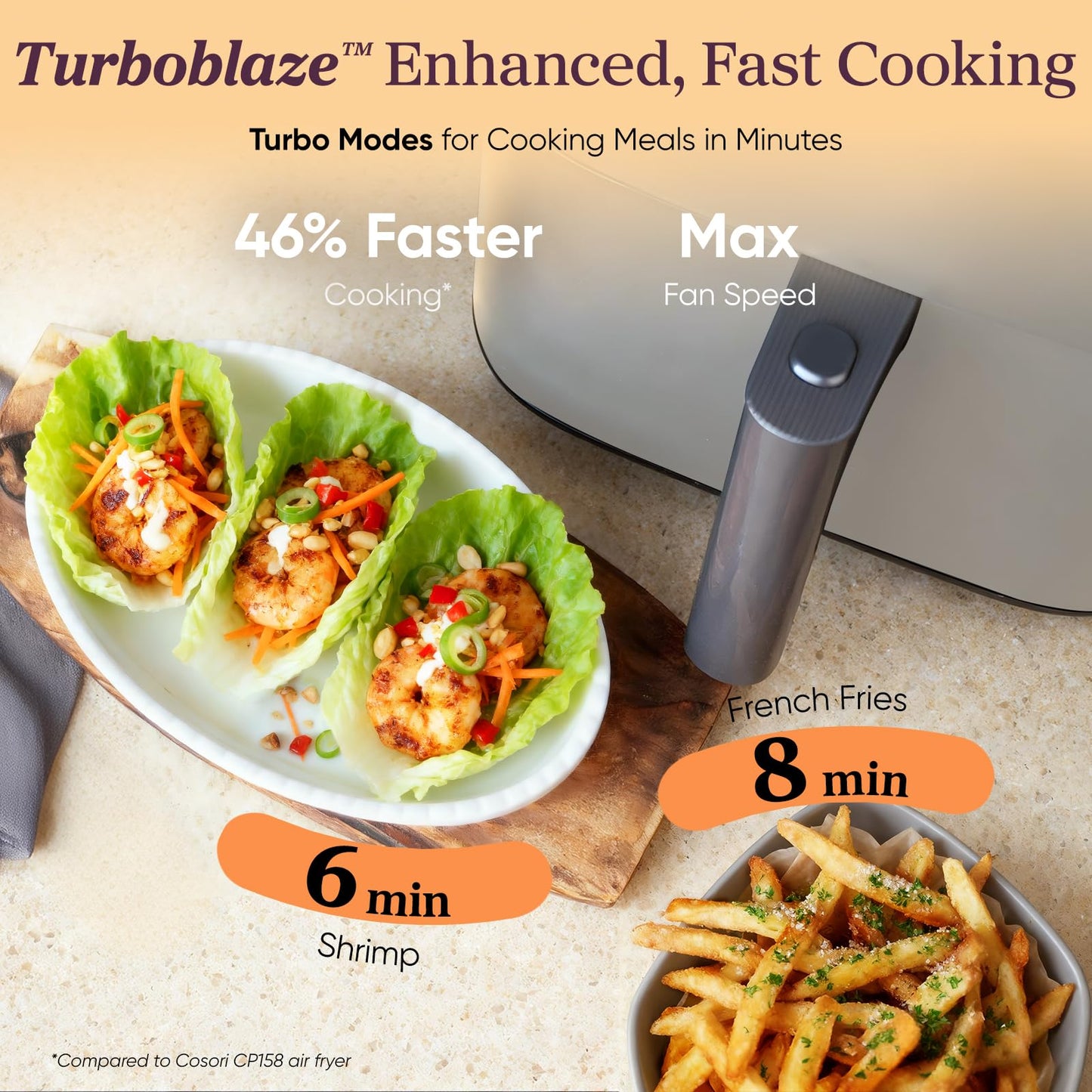Cosori 9-in-1 TurboBlaze Air Fryer 6 Qt, Smart Control, 90°–450°F, Shake Reminders, Precise Heating for Even Results, Air Fry, Roast, Bake, Broil, Dry, Frozen, Proof, Reheat, Keep Warm, 120V, Cream