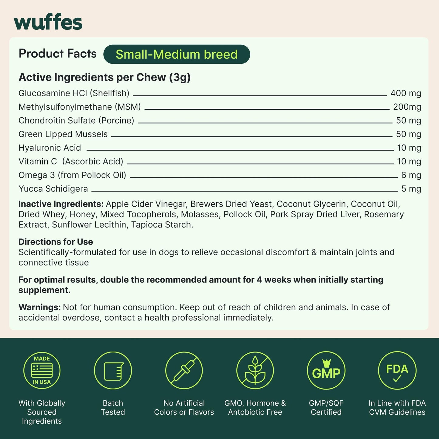 Wuffes Advanced Dog Hip and Joint Supplement with Glucosamine, Chondroitin, Omega 3, MSM, and Green Lipped Mussel, 60 Pork Flavored Chews for Small and Medium Dog Breeds